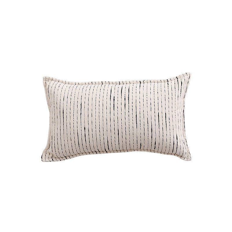 Rectangular quilted decorative cushion with fine line embroidery and natural linen texture