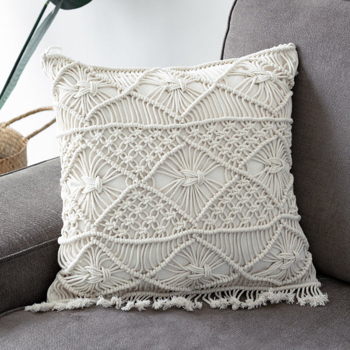 Round Macrame Decorative Pillow with Hand-Knotted Cotton Cover and Fringes