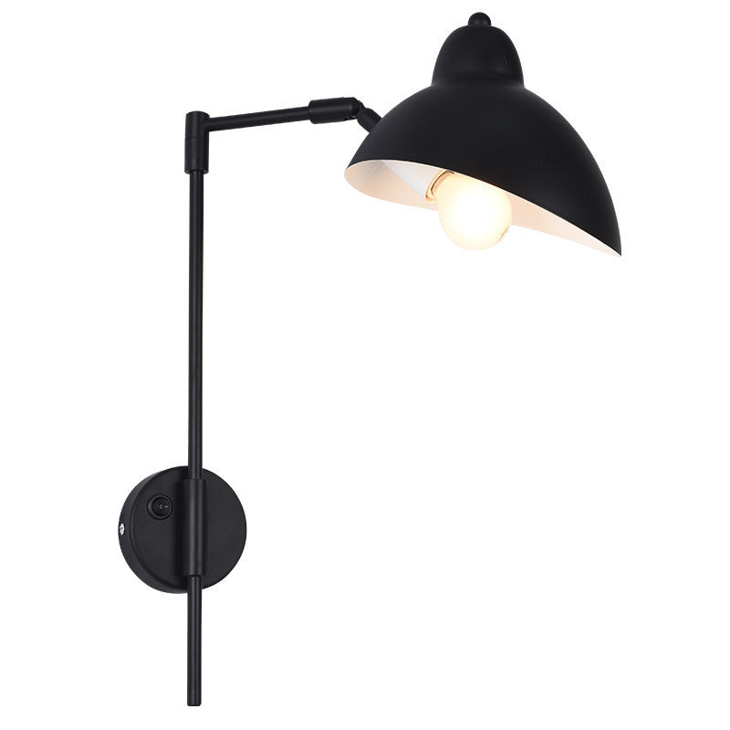 Articulated wall lamp with curved arm and adjustable bell shade