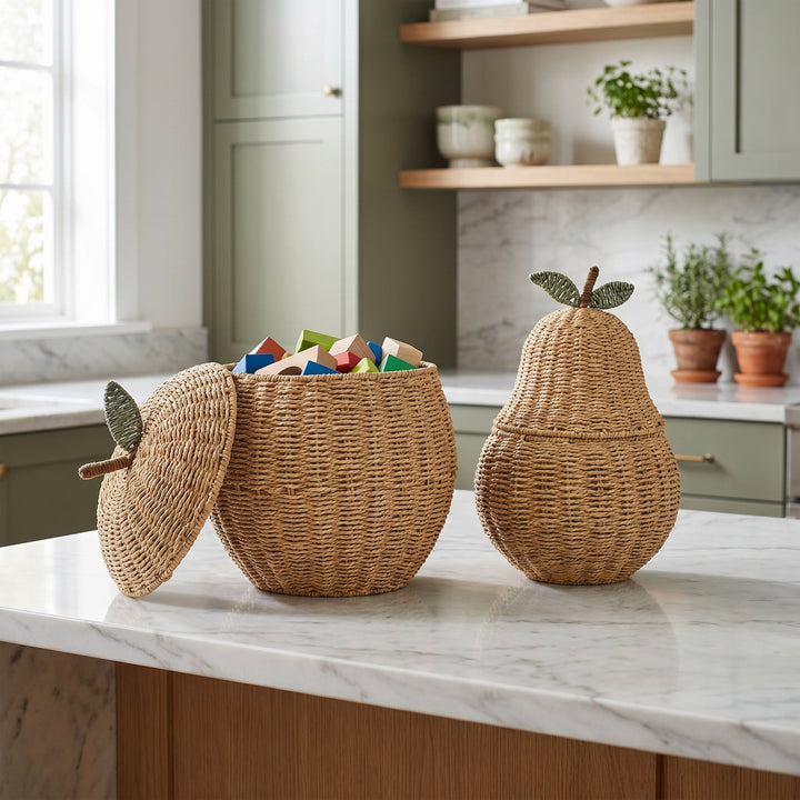 Playful storage basket in the shape of a pear