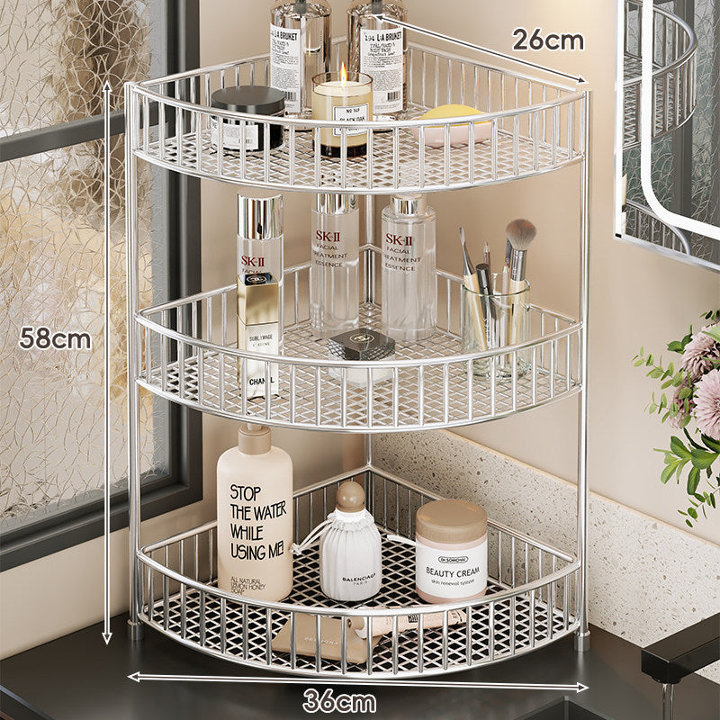 Two-Tier Corner Mesh Metal Bathroom Countertop Organizer Shelf with Raised Guard Rails