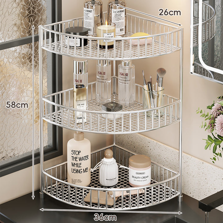 Two-Tier Corner Mesh Metal Bathroom Countertop Organizer Shelf with Raised Guard Rails