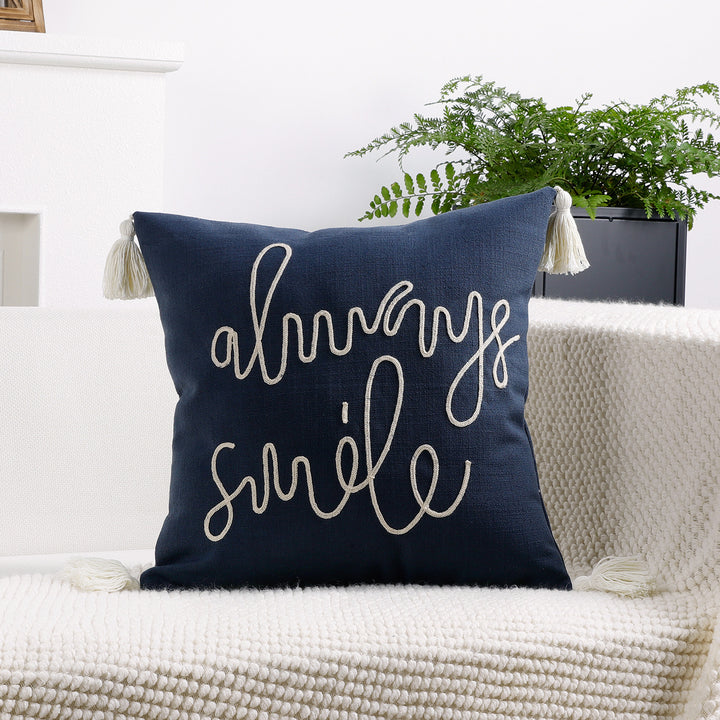Square Linen-Blend Rope Embroidered Tassel Accent Pillow Cover