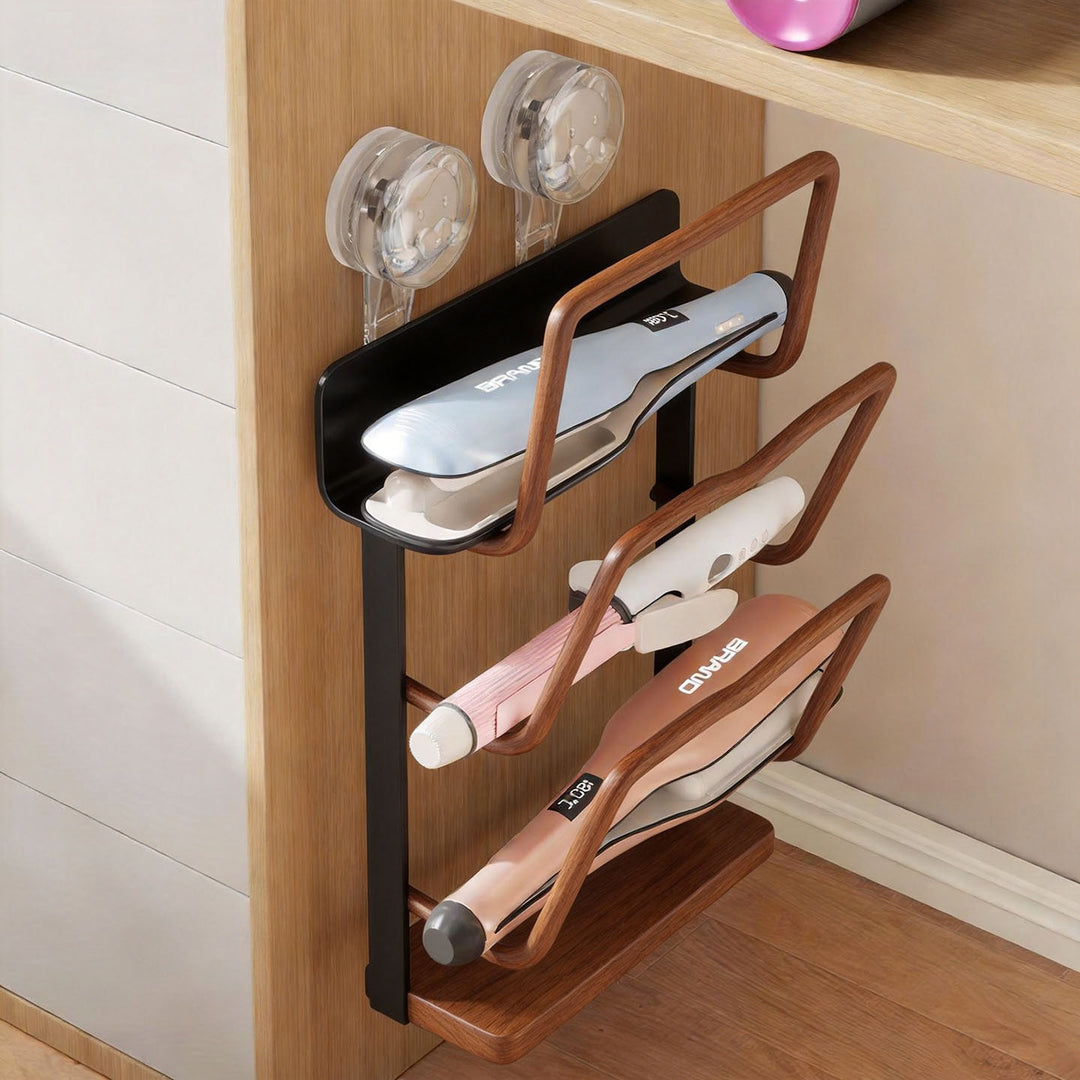 Wall-Mounted Multi-Tier Hair Styling Tool Organizer with Suction Mount and Removable Drip Tray