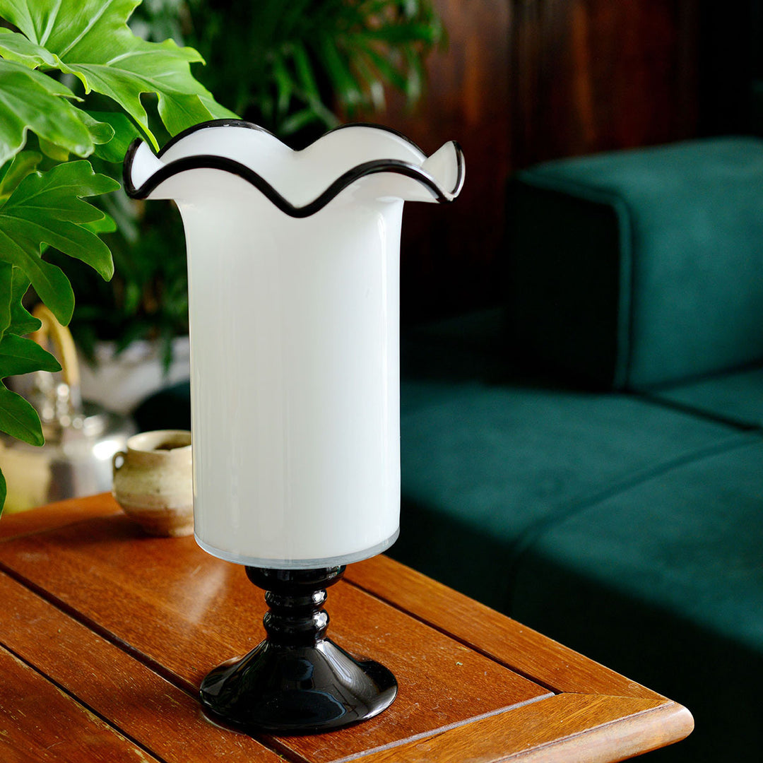 Tall Hand-Blown Fluted Glass Vase with Ruffled Rim & Rounded Pedestal Base