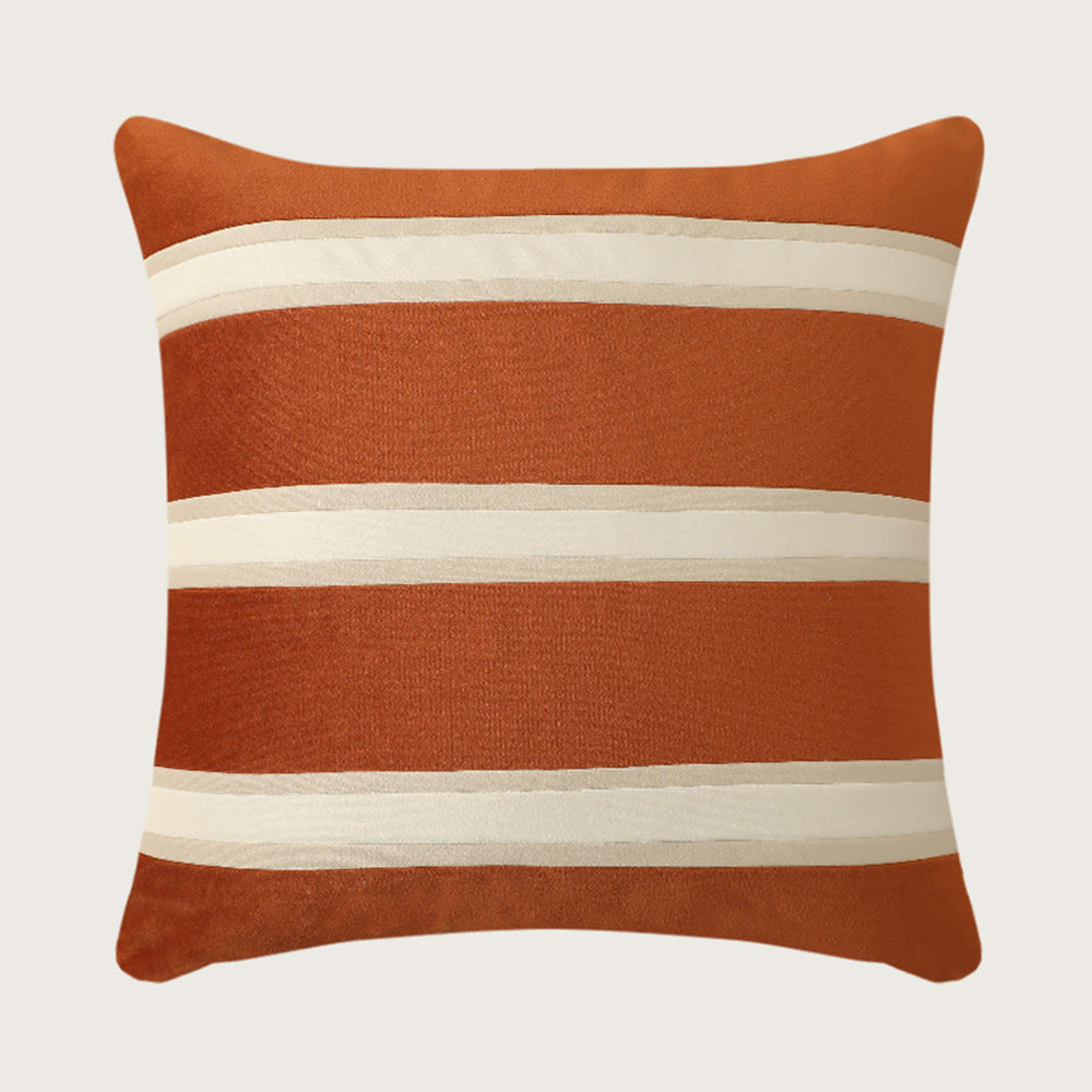 Square velvet decorative pillow with woven stripes and concealed zipper