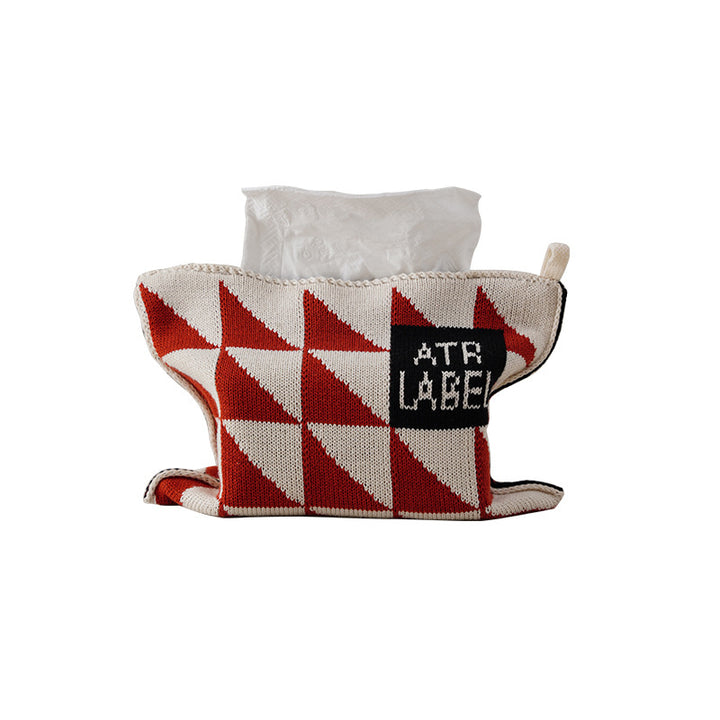 Knitted tissue box cover with geometric jacquard pattern and zipper