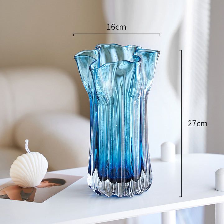 Tall Fluted Art Glass Centerpiece Vase with Sculpted Ruffled Rim