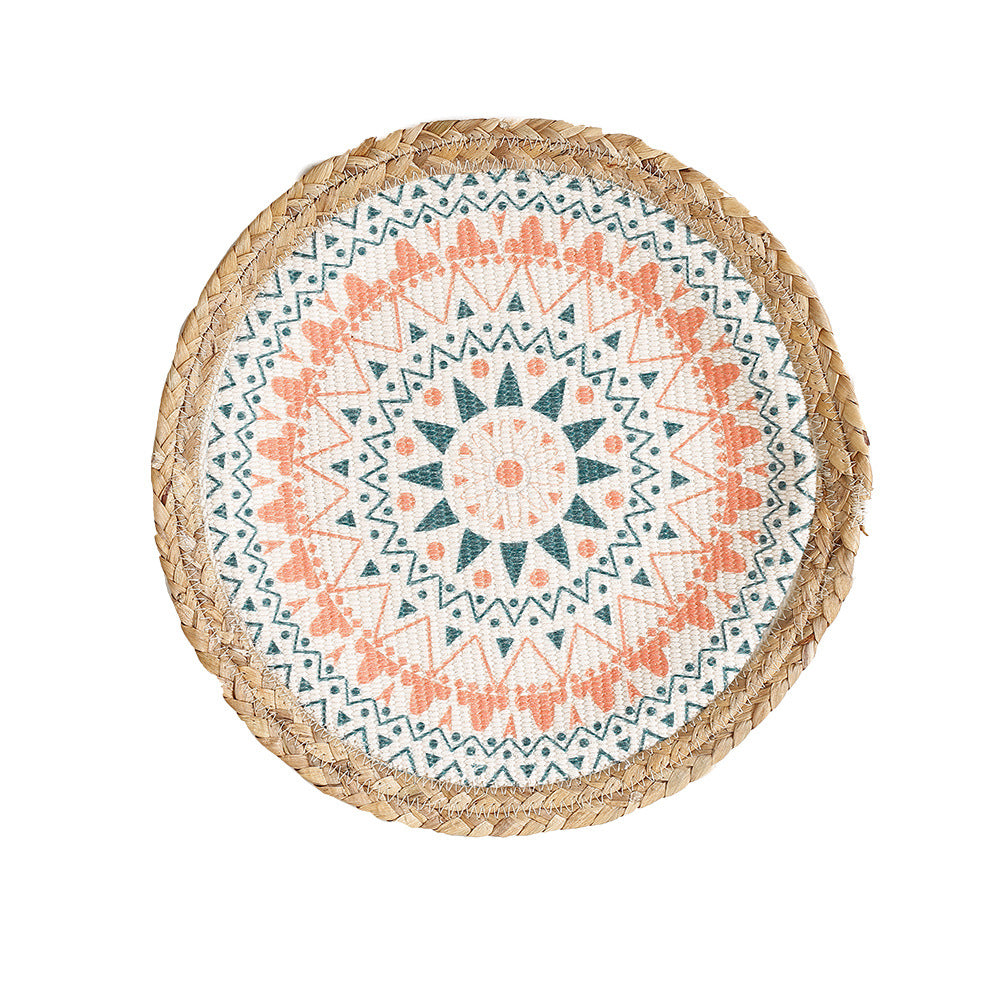 Round woven table mat made of jute with mandala cotton overlay