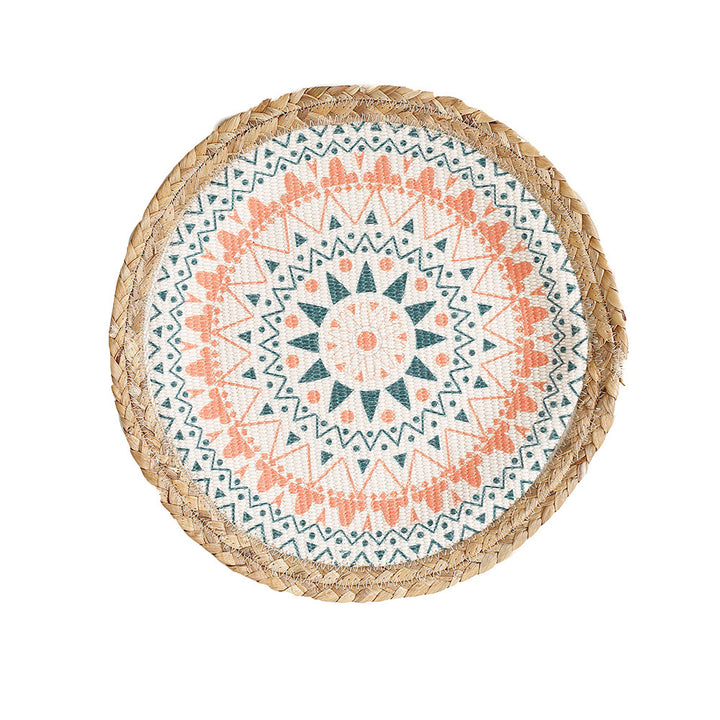 Round woven table mat made of jute with mandala cotton overlay