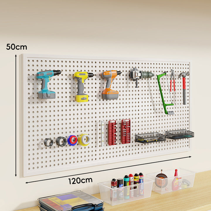 Heavy-Duty Wall-Mounted Perforated Steel Pegboard Tool Organizer with Modular Hooks and Shelf