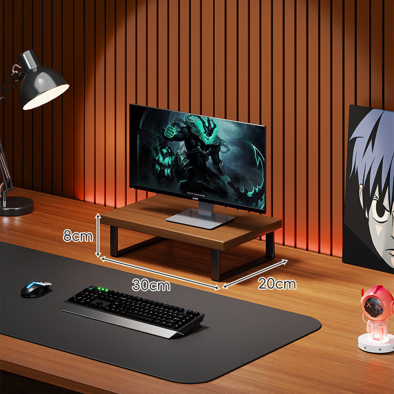 Elevated Wooden Monitor Riser Stand with Metal Bracket Legs and Cable-Friendly Desktop Shelf