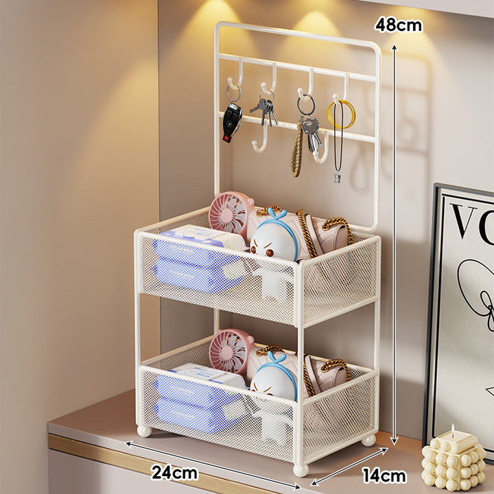 Mesh Two-Tier Entryway Organizer with Key Hooks and Deep Mesh Baskets