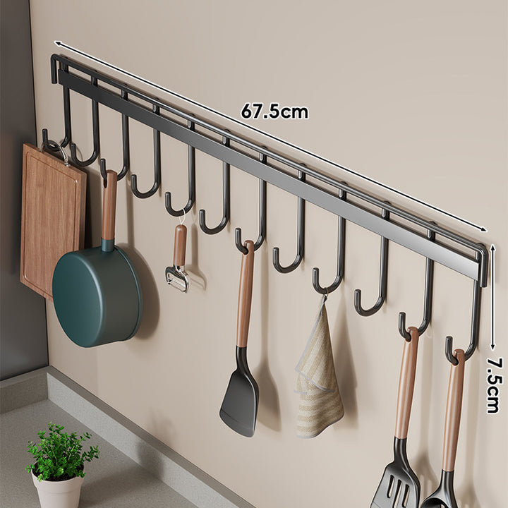 Wall-Mounted Multi-Hook Kitchen Utensil and Pan Hanger Rack