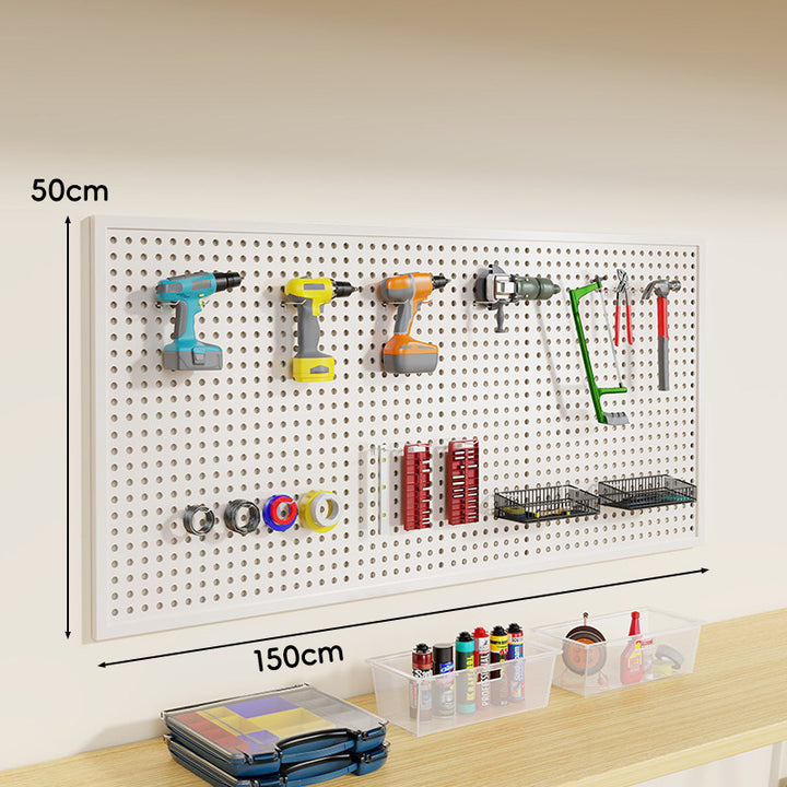 Heavy-Duty Wall-Mounted Perforated Steel Pegboard Tool Organizer with Modular Hooks and Shelf
