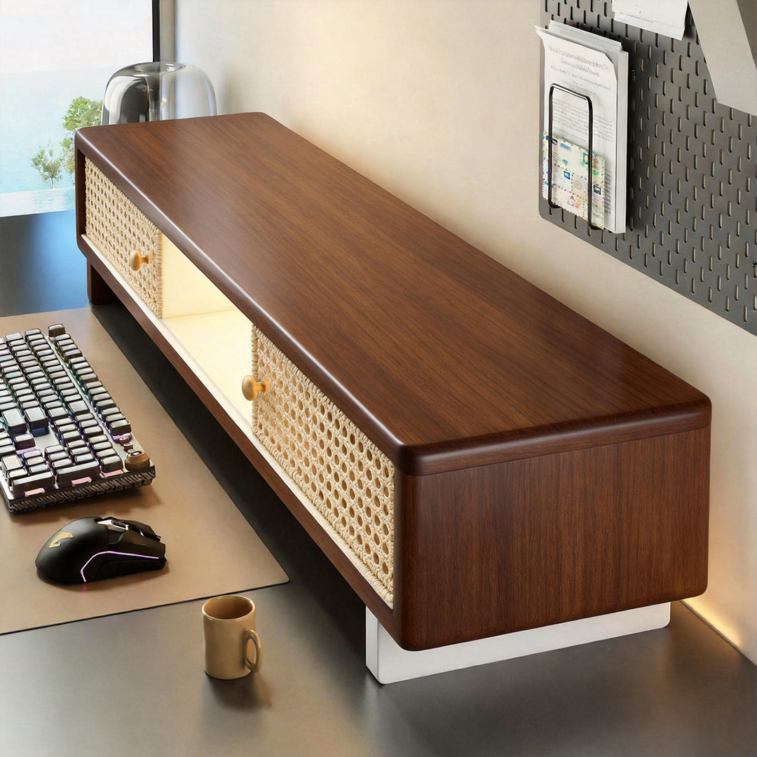 Solid Wood Monitor Riser and Desk Organizer with Dual-Level Shelf and Cable Management
