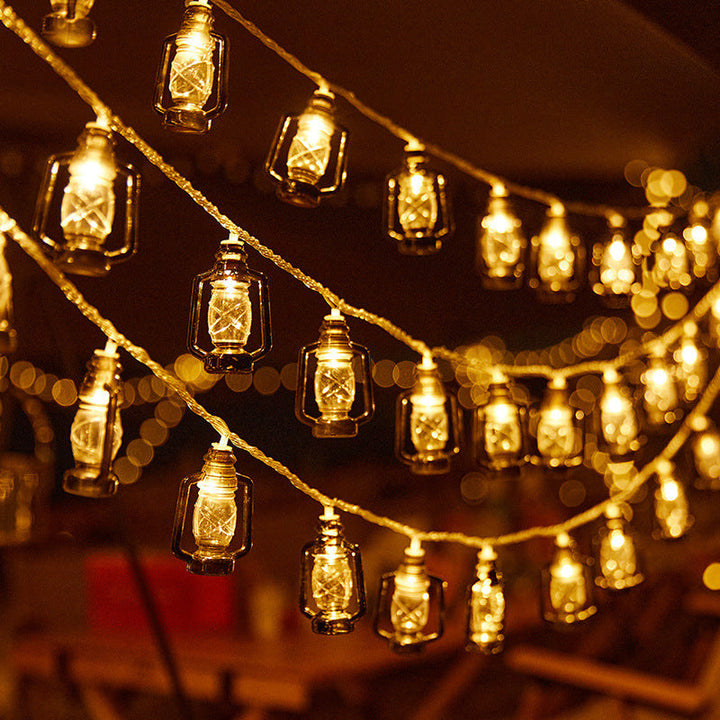 Decorative string lights with nostalgic lanterns