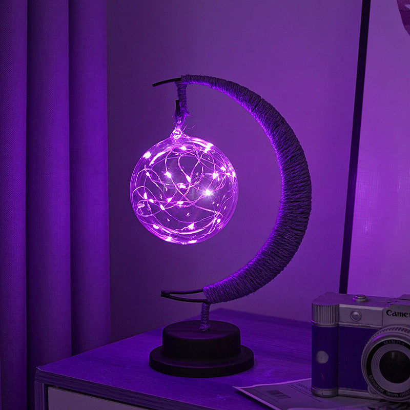 Decorative glass apple LED table lamp with moon-shaped rope-wrapped stand