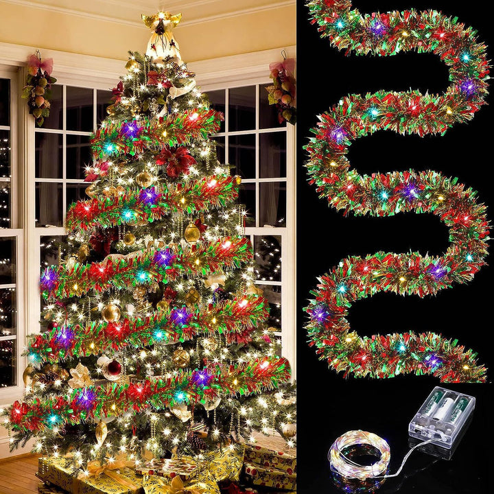 LED Tinsel Garland String Lights Battery Operated Multi-Colored Christmas Tree Wrap