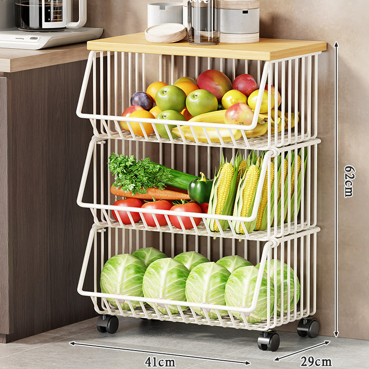 Multi-Tier Rolling Kitchen Pantry Cart with Wood Top and Deep Wire Storage Baskets