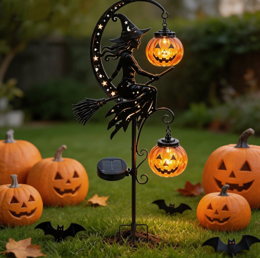 Outdoor Solar Halloween Garden Stake with Witch Silhouette and Hanging Pumpkin Lanterns