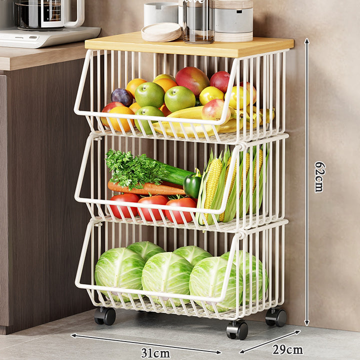 Multi-Tier Rolling Kitchen Fruit and Vegetable Storage Cart with Wood Top