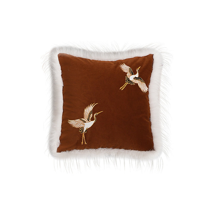 Luxurious embroidered satin pillowcase with art fur trim and crane motif