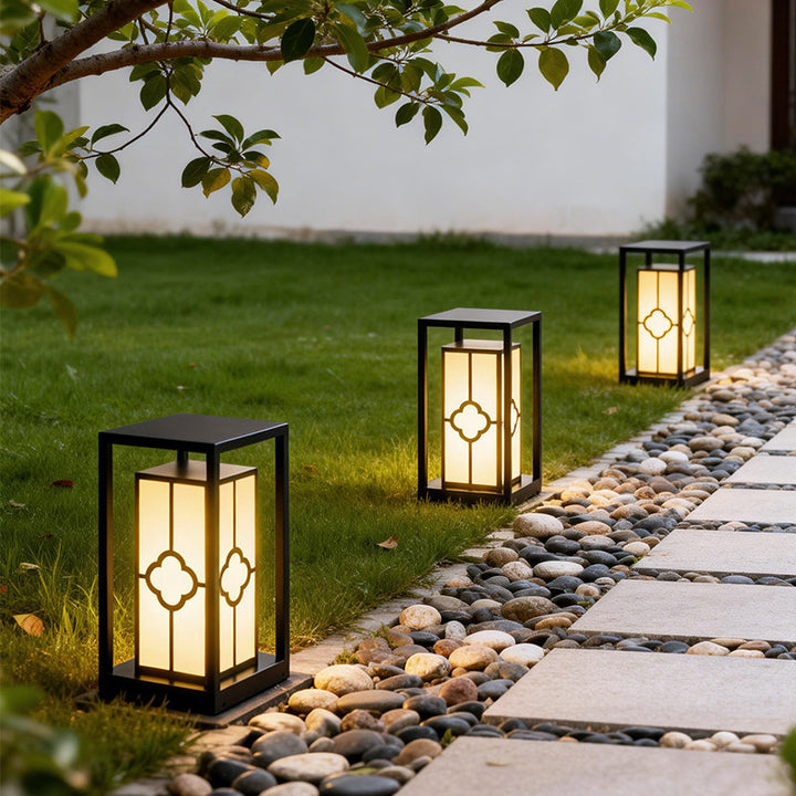 Japanese inspired solar garden floor lantern with wooden frame