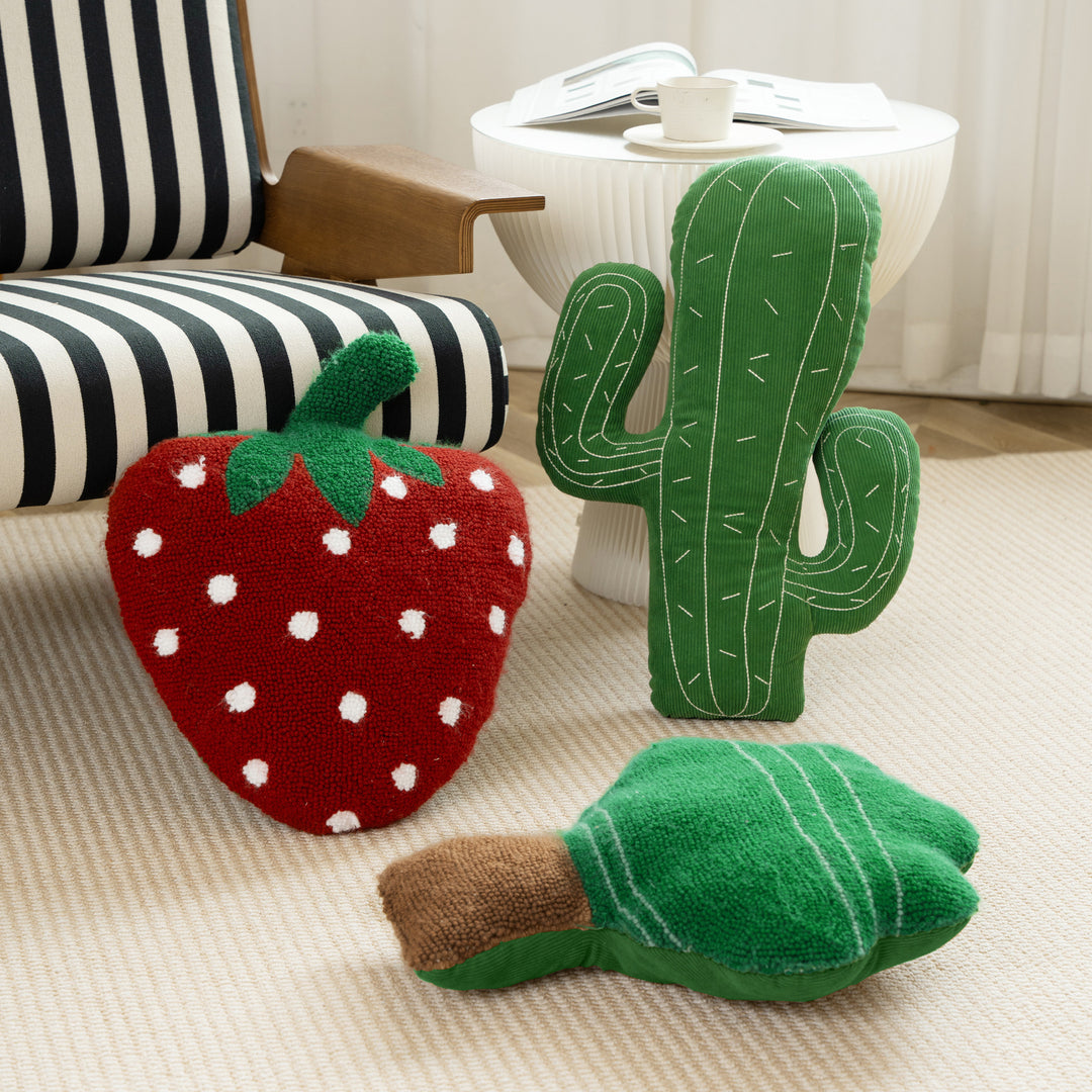 Cactus decorative pillow made of cord fabric with hand-stitched spikes and soft filling