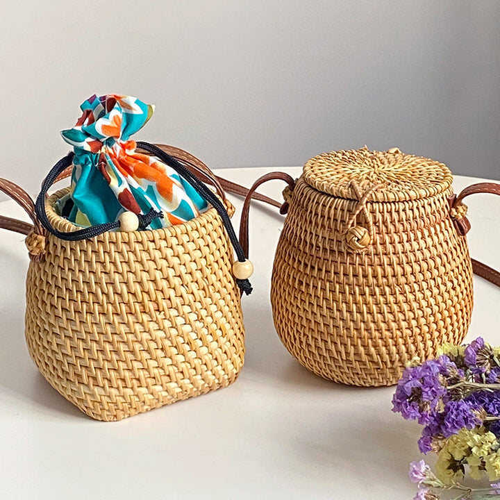Handwoven basket with leather handle