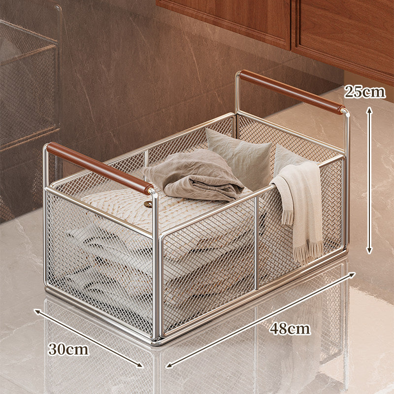 Low-Profile Metal Mesh Storage Crate with Dual Wood-Accent Handles for Blankets and Towels