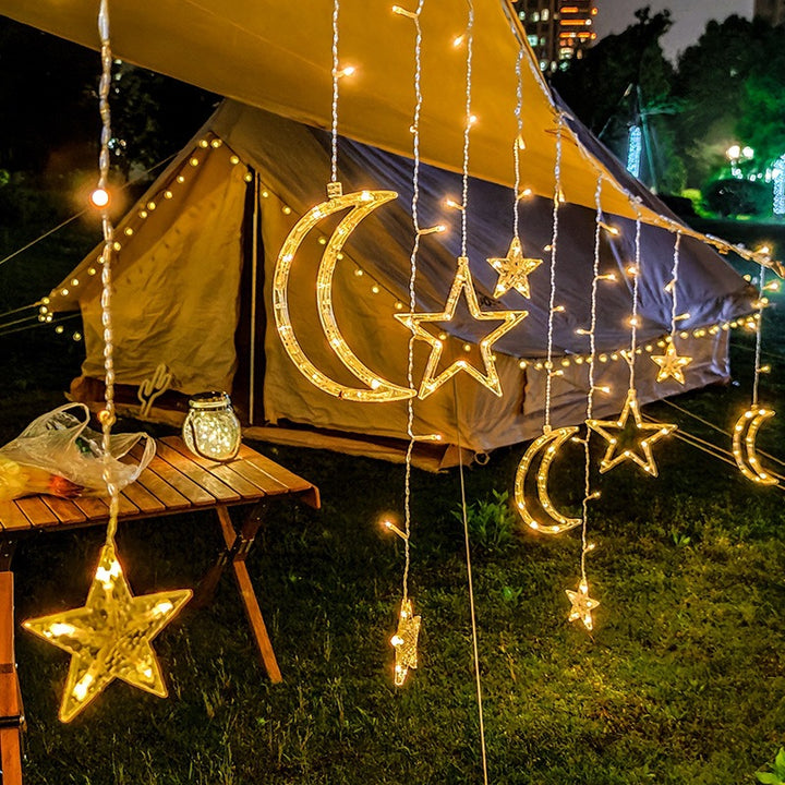 Festive LED Curtain String Lights with Hanging Star-Bell Tree and Reindeer Ornaments