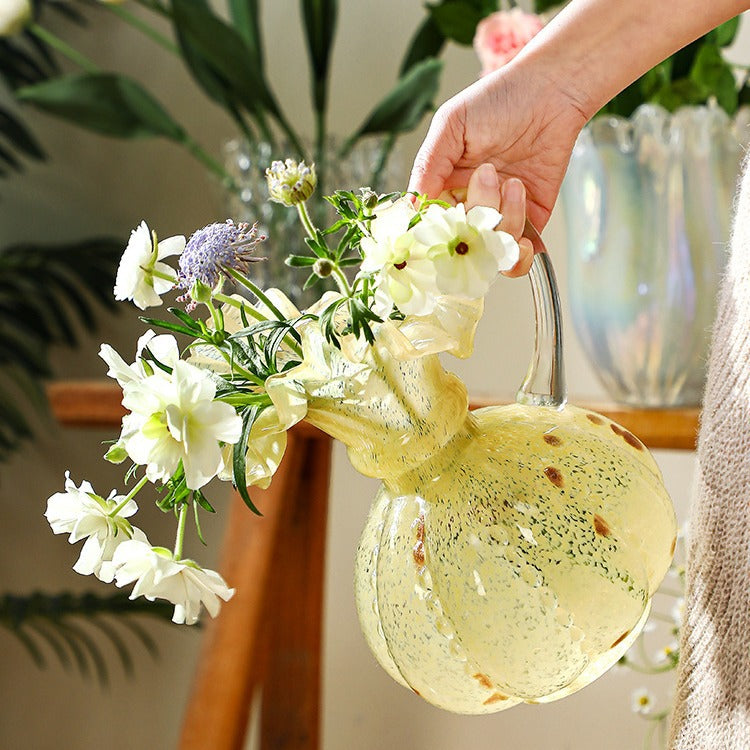 Artisanal Bulbous Milk-Glass Bud Vase with Frilled Neck & Speckled Inclusions