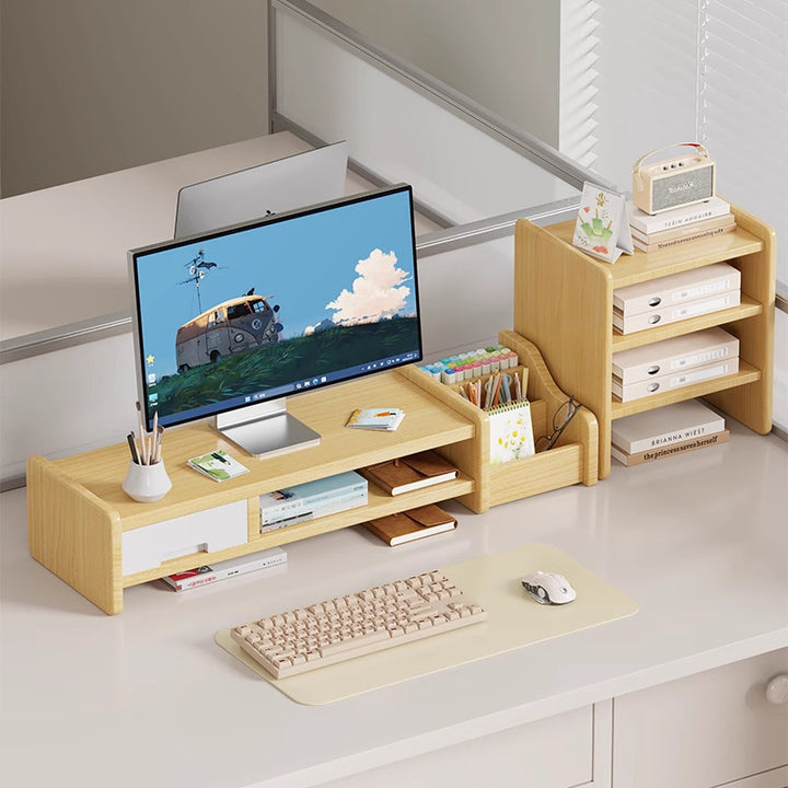 Solid Wood Monitor Riser and Desk Organizer with Dual-Level Shelf and Cable Management