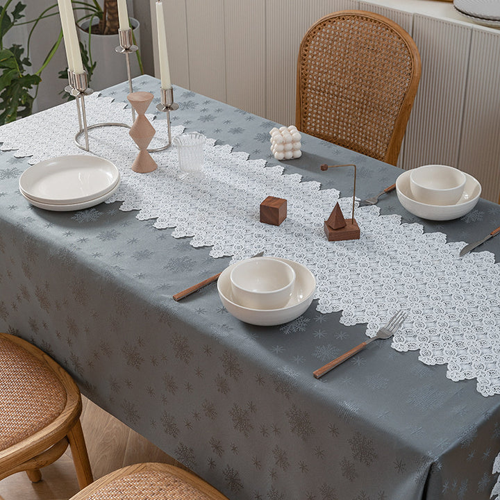 Rectangular premium table linen made of jacquard polyester with subtle frost floral embossing