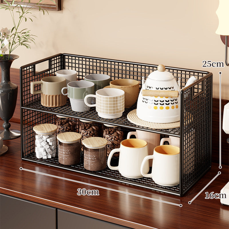 Two-Level Angled Wire Mesh Countertop Organizer with Wood-Effect Top Shelf and Front Drop Bins