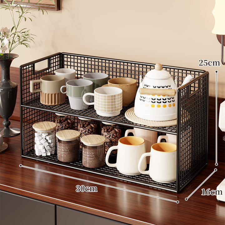 Two-Level Angled Wire Mesh Countertop Organizer with Wood-Effect Top Shelf and Front Drop Bins