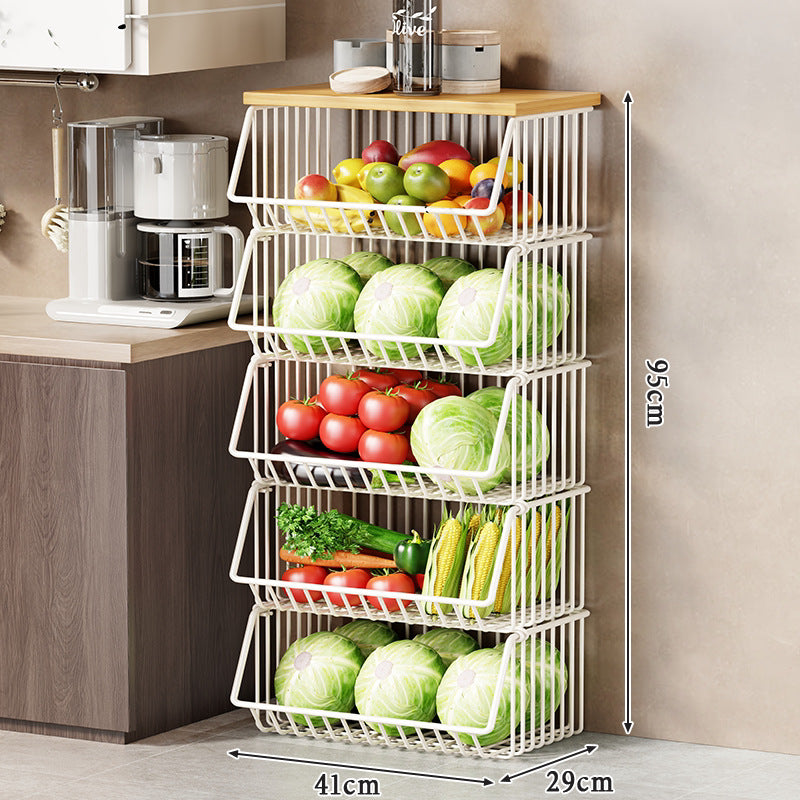Vertical Five-Tier Rolling Kitchen Produce Storage Cart with Wooden Top and Pull-Out Wire Baskets