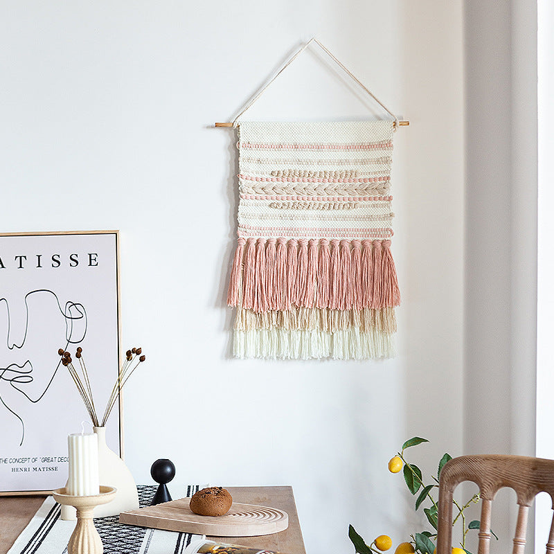 Woven Boho wall tapestry with macrame fringes and handcrafted textured relief