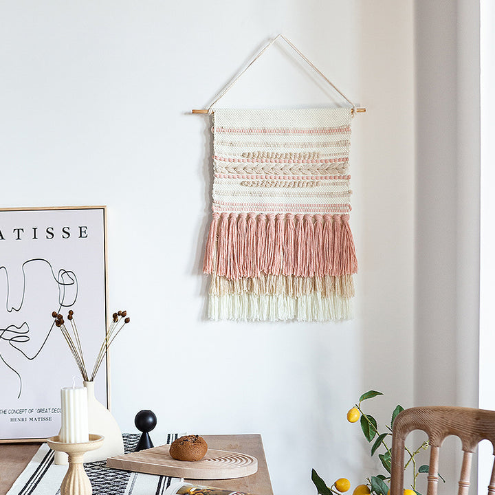 Woven Boho wall tapestry with macrame fringes and handcrafted textured relief