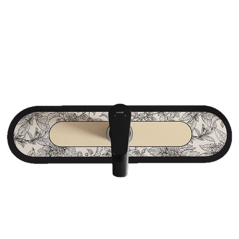 Decorative Oval Silicone Faucet Splash Guard Mat with Floral Engraved Print and Non-Slip Backing