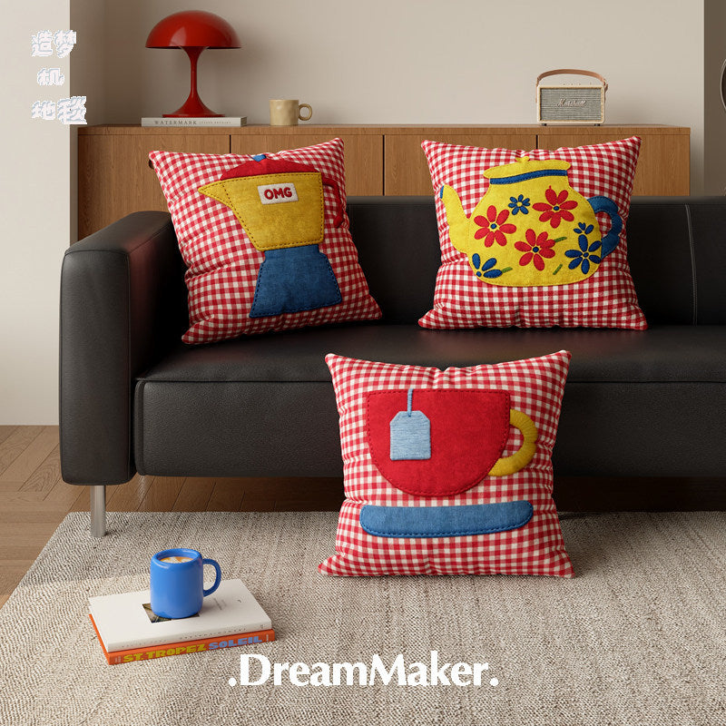 Decorative Gingham Appliqué Coffee Cup Throw Pillow Cover