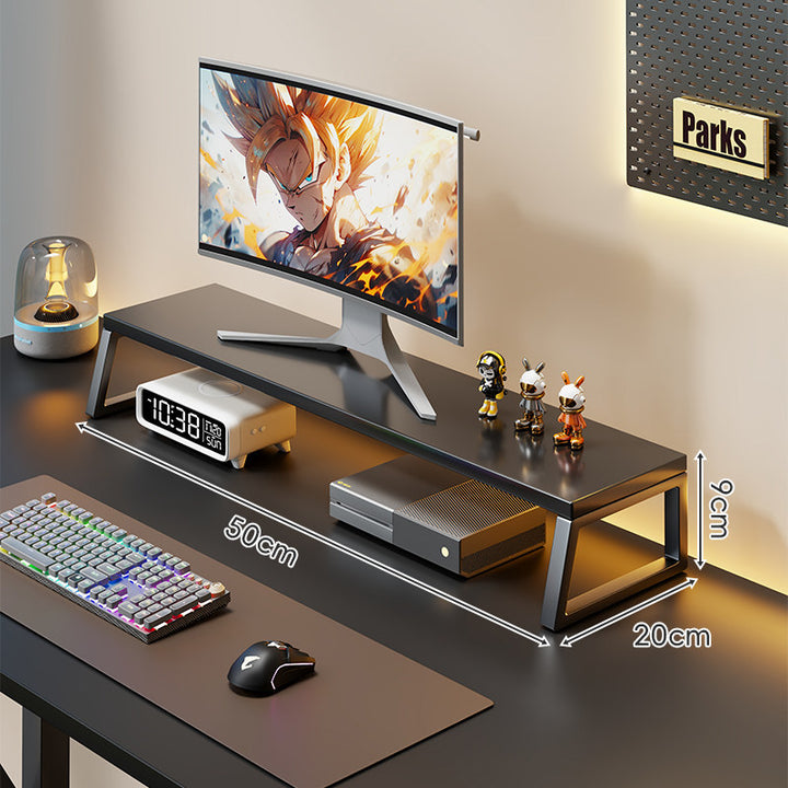 Low-Profile Wooden Monitor Platform with Integrated Cable Channel and Under-Shelf Storage