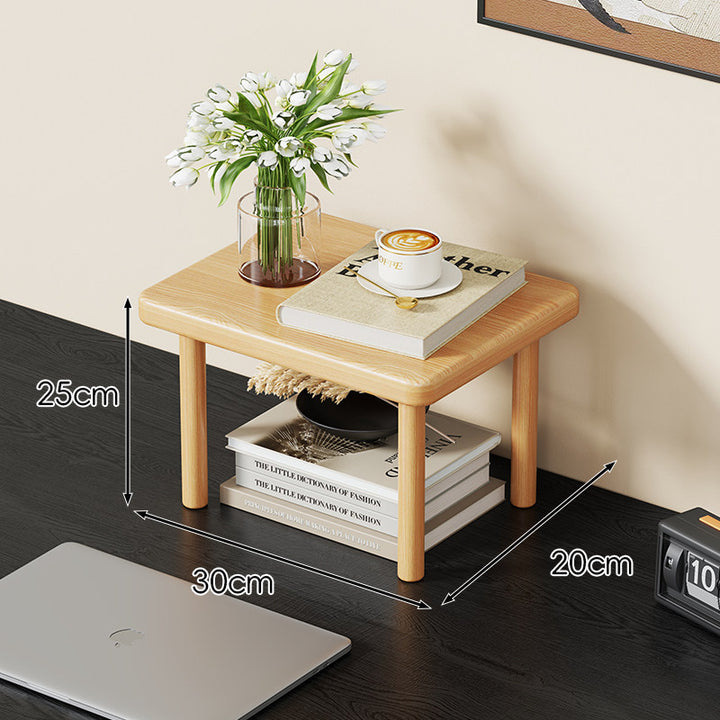 Compact Solid Wood Elevated Desk Display Stand with Under-Shelf Storage and Rounded Leg Design