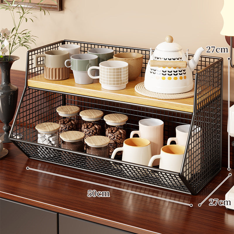 Two-Level Angled Wire Mesh Countertop Organizer with Wood-Effect Top Shelf and Front Drop Bins