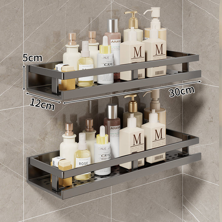 Compact Wall-Mounted Bathroom Shelf with Integrated Towel Rail and Multi-Hook Metal Organizer