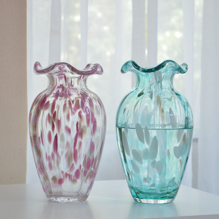 Handblown Ruffled-Lip Art Glass Bud Vase with Confetti Veil