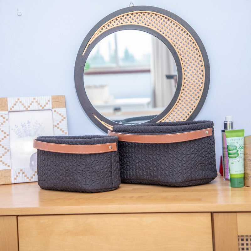 Elegant storage basket with faux leather handle