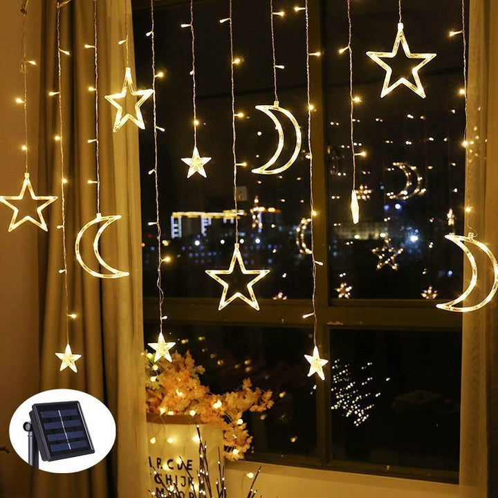 Hanging star and crescent moon LED curtain string lights for bedroom ambiance