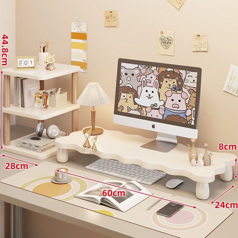 Low-Profile Ergonomic Wooden Desktop Monitor Lift with Under-Shelf Keyboard Storage
